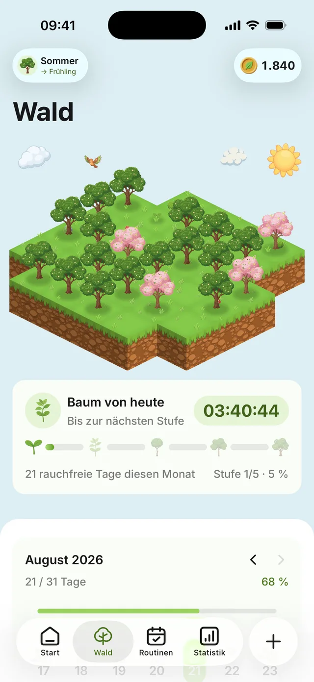 Der Waldbildschirm: eine Insel mit sechzehn Bäumen für August, der heutige Baum ist ausgewachsen