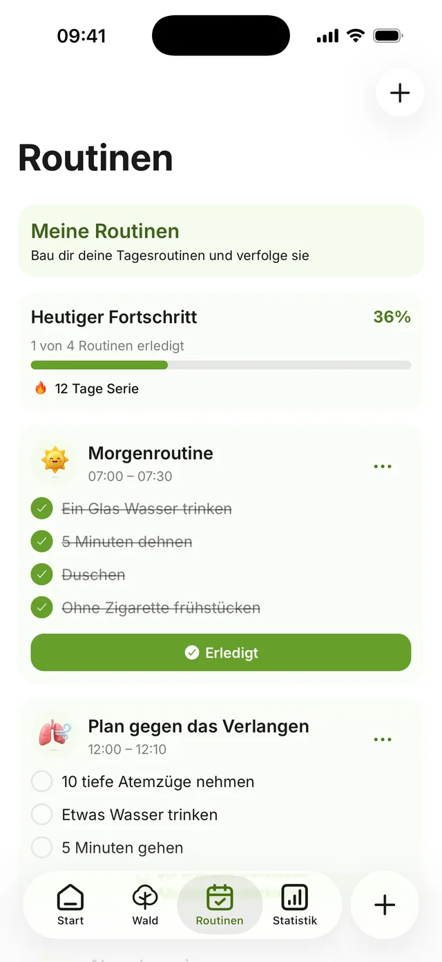 Der Routinen-Bildschirm: ein abgeschlossener Plan gegen das Verlangen und ein laufendes Workout, Tagesfortschritt 50 %