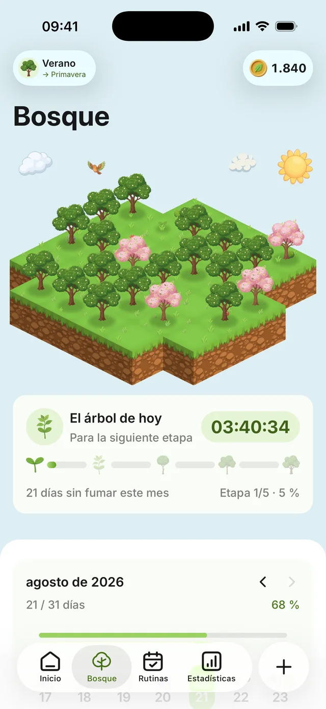 La pantalla del bosque: una isla con dieciséis árboles de agosto, con el árbol de hoy ya crecido