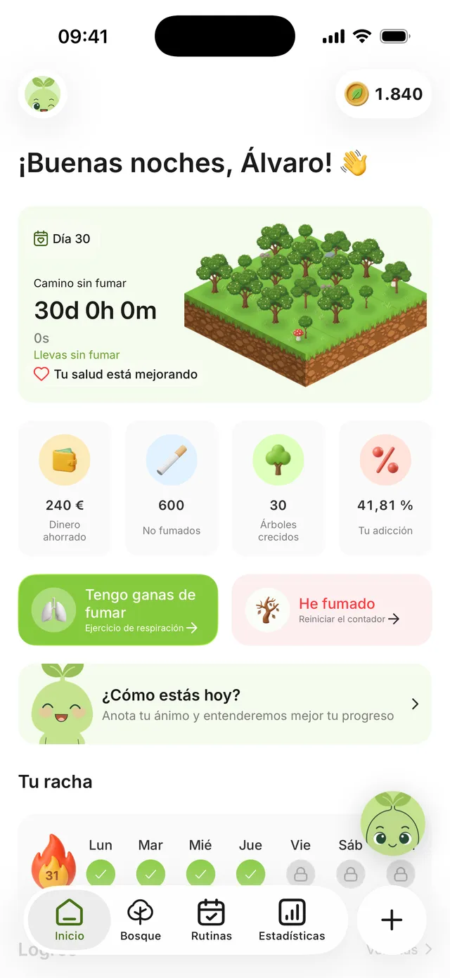 La pantalla de inicio de Freewill en el día 30: contador sin fumar en marcha, 240 € ahorrados, 600 cigarrillos no fumados y 30 árboles crecidos
