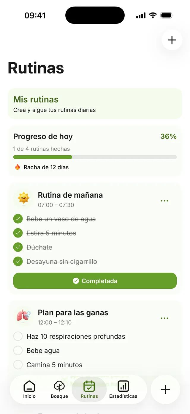 La pantalla de rutinas: un plan para las ganas marcado como completado y un entrenamiento en curso, con el progreso del día al 50 %