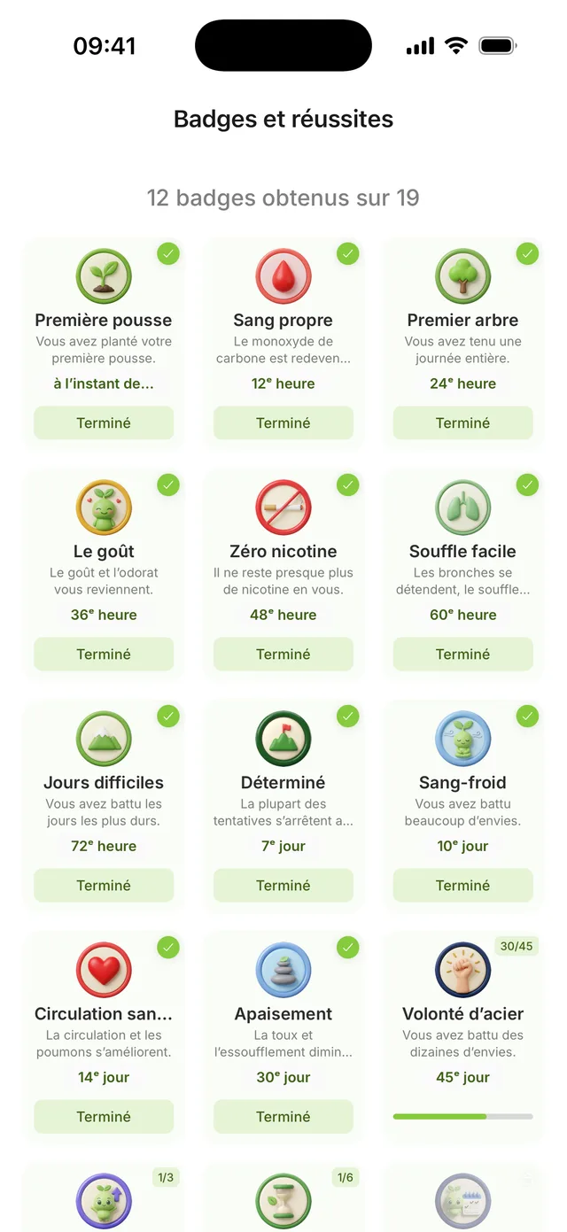 L’écran des badges : dix-neuf réussites, de la première pousse à l’heure zéro à la volonté d’acier au jour 45