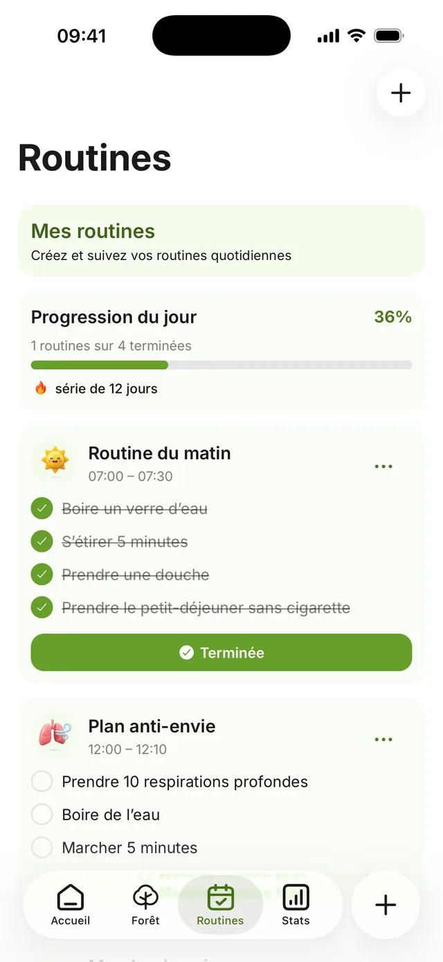 L’écran des routines : un plan anti-envie terminé et une séance de sport en cours, progression du jour à 50 %