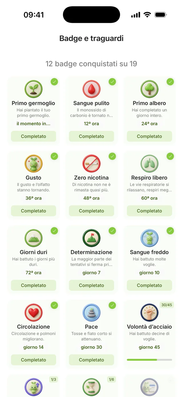 La schermata dei badge: diciannove traguardi dal primo germoglio all’ora zero alla volontà d’acciaio al giorno 45