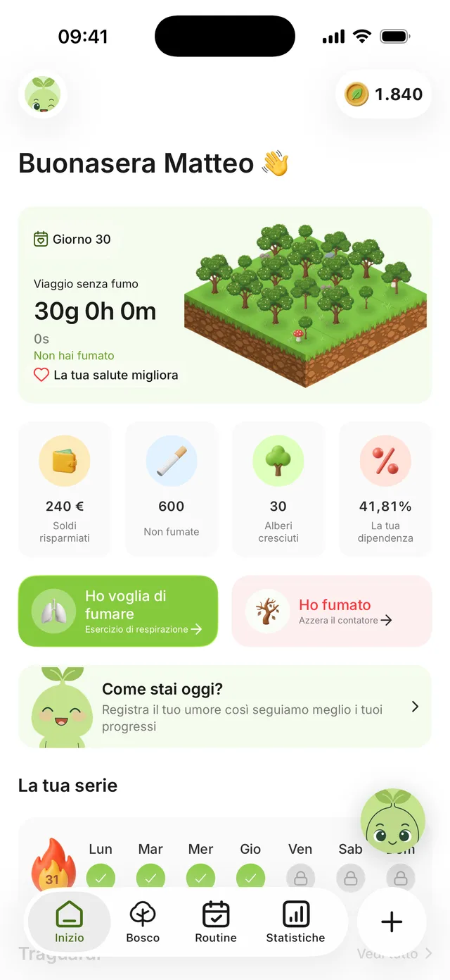 La schermata principale di Freewill al giorno 30: timer senza fumo attivo, 240 € risparmiati, 600 sigarette non fumate e 30 alberi cresciuti