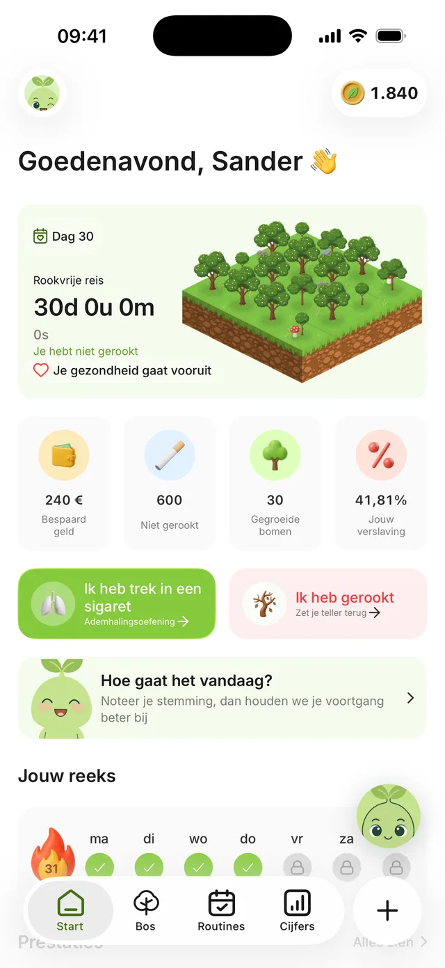 Het Freewill-startscherm op dag 30: lopende rookvrije teller, 240 € bespaard, 600 niet gerookte sigaretten en 30 gegroeide bomen