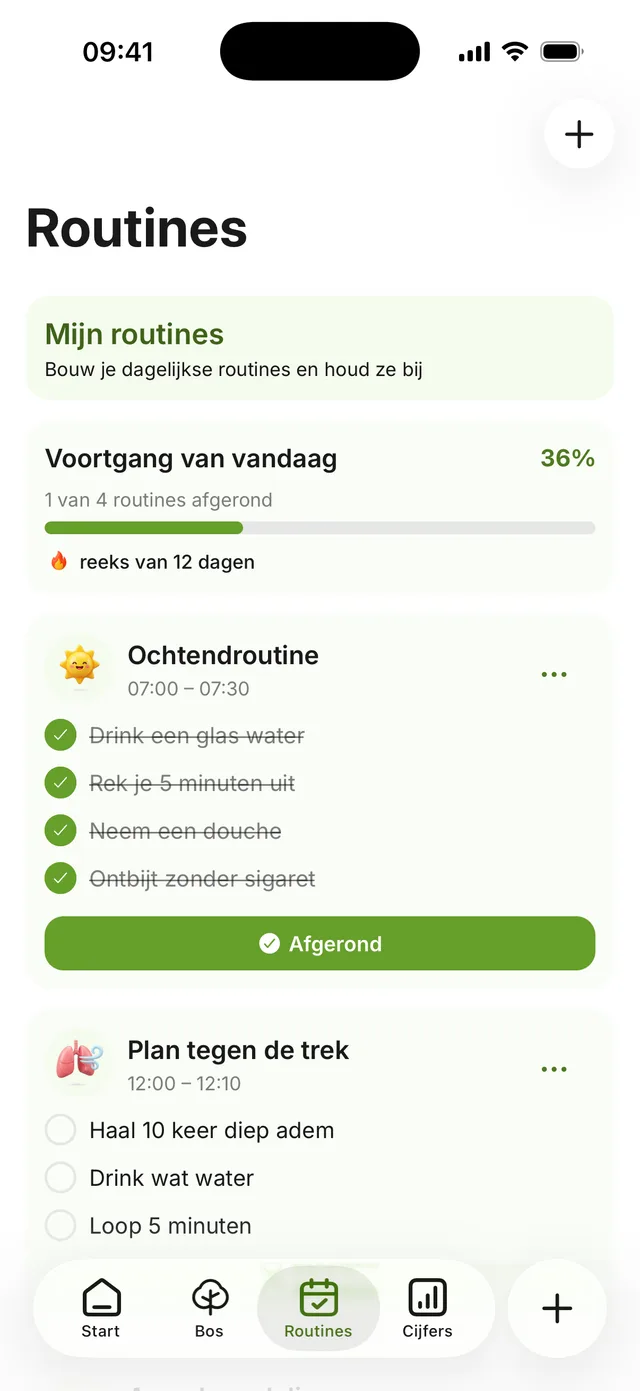 Het routinescherm: een afgerond plan tegen de trek en een training die loopt, voortgang van vandaag op 50%