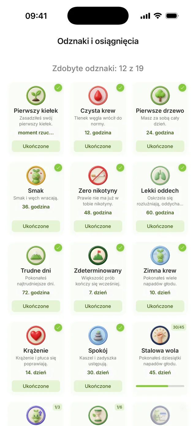 Ekran odznak: dziewiętnaście osiągnięć od pierwszego kiełka w godzinie zero po stalową wolę w 45. dniu