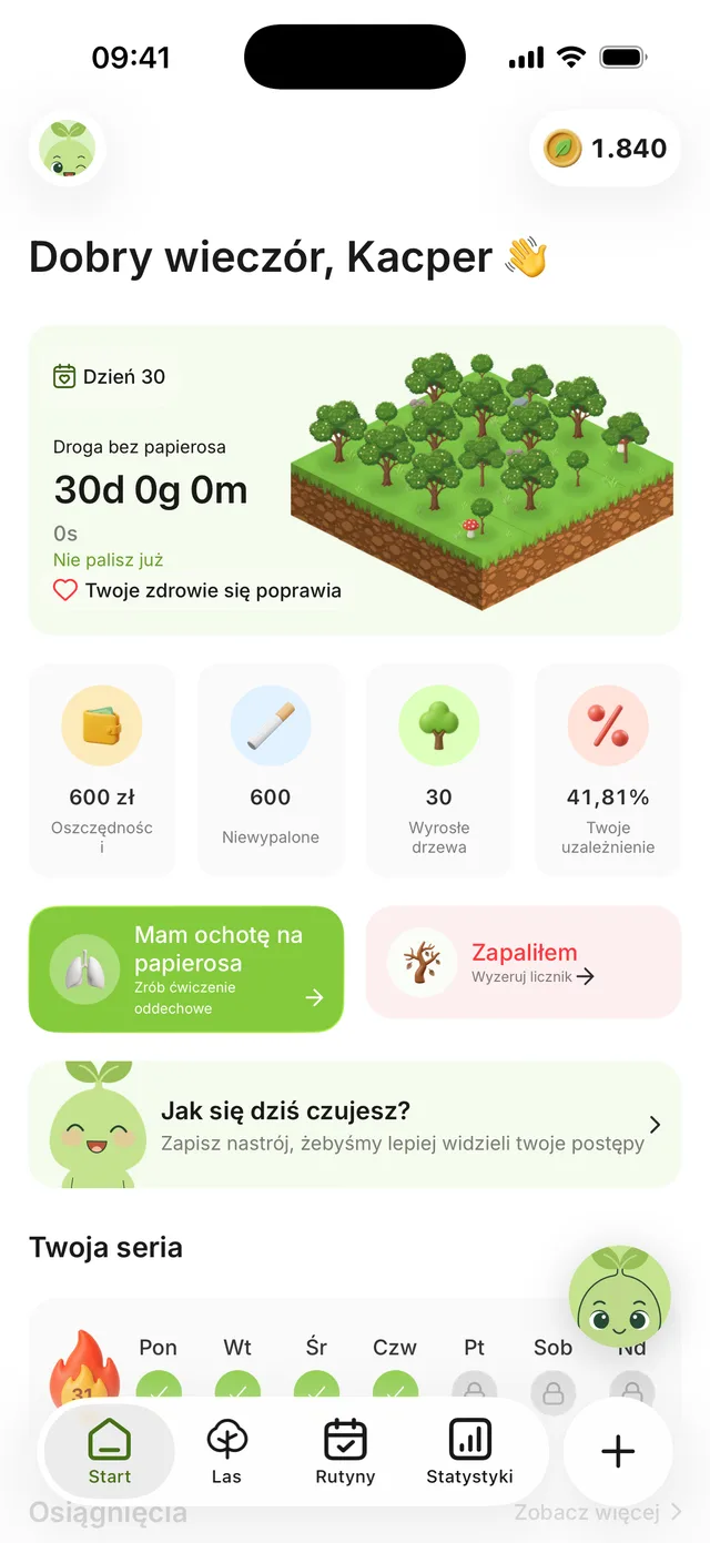 Ekran główny Freewill w 30. dniu: działający licznik bez papierosa, 600 zł oszczędności, 600 niewypalonych papierosów i 30 wyrosłych drzew