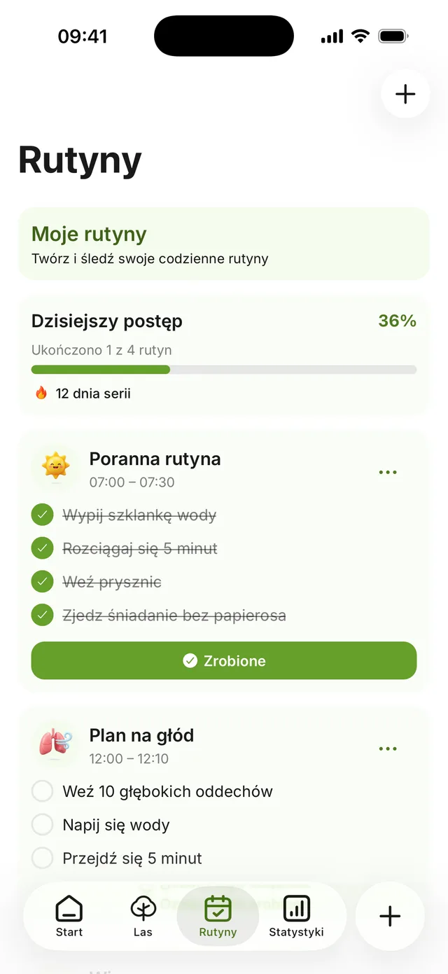 Ekran rutyn: ukończony plan na głód nikotynowy i trwający trening, dzisiejszy postęp 50%