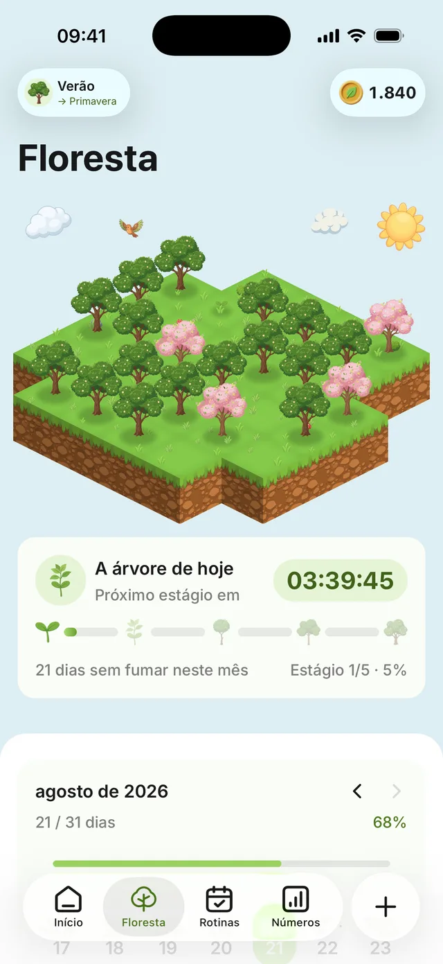 A tela da floresta: uma ilha com dezesseis árvores de agosto, com a árvore de hoje totalmente crescida