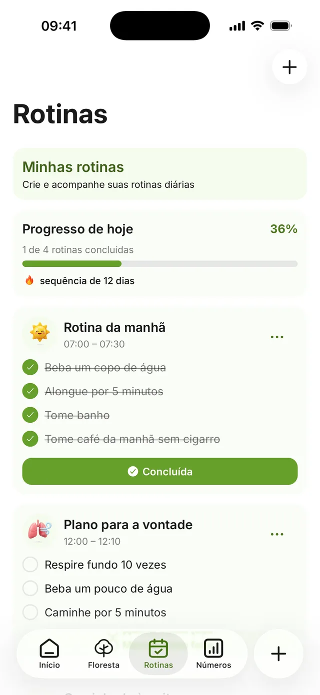 A tela de rotinas: um plano para a vontade marcado como concluído e um treino em andamento, com o progresso do dia em 50%