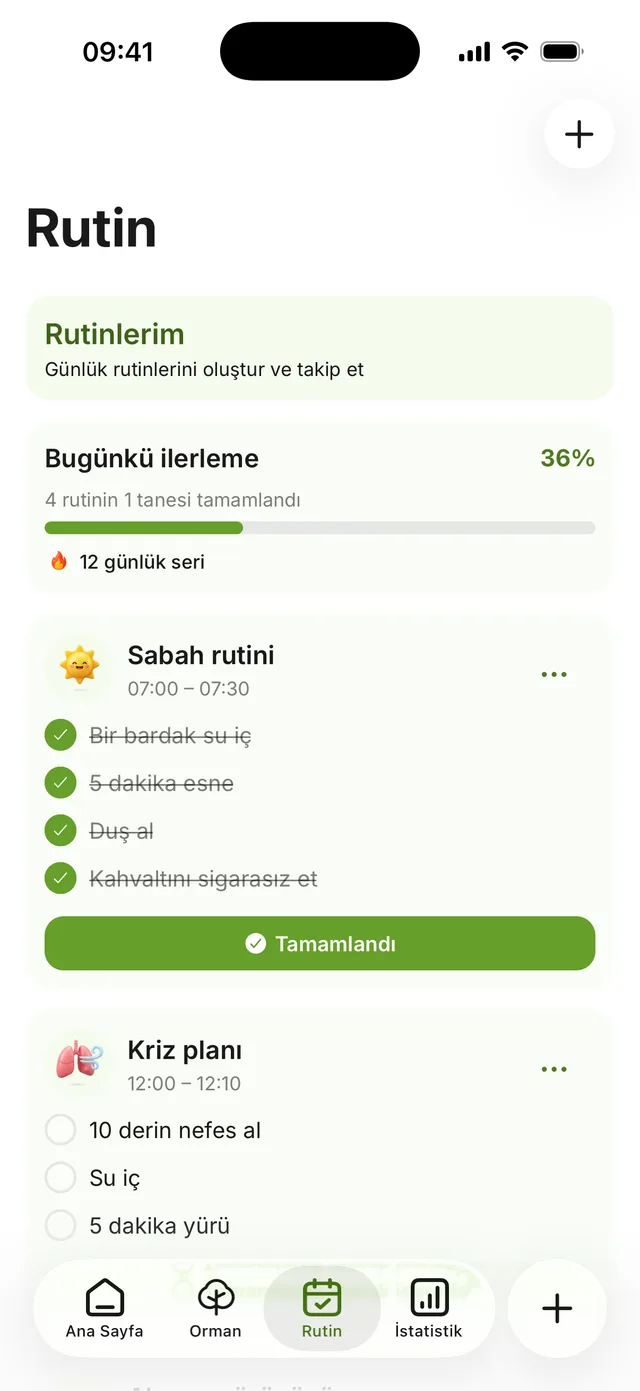 Rutinler ekranı: tamamlanmış kriz planı ve süren antrenman, bugünün ilerlemesi %50
